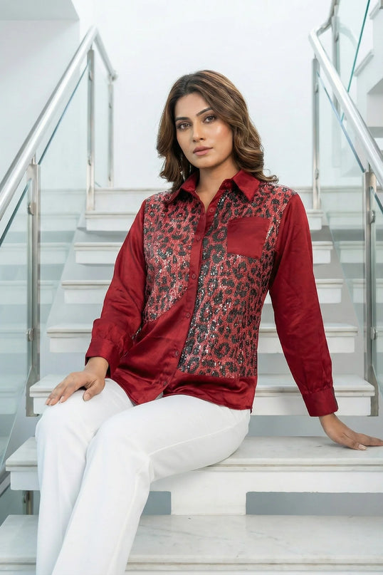 Burgundy Sequin-Panel Statement Shirt