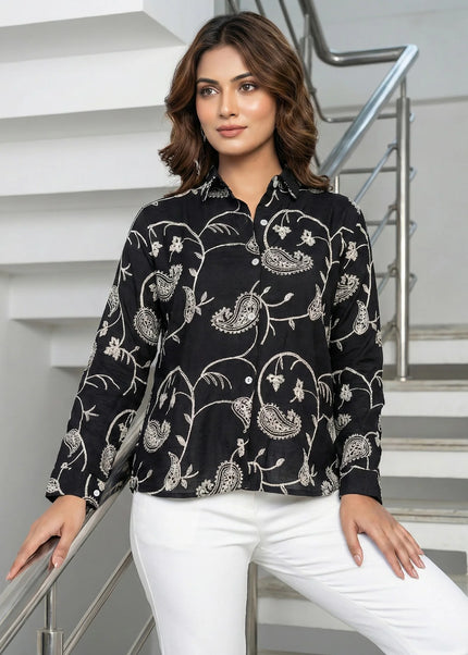 Noir Paisley Embroidered Button-Down