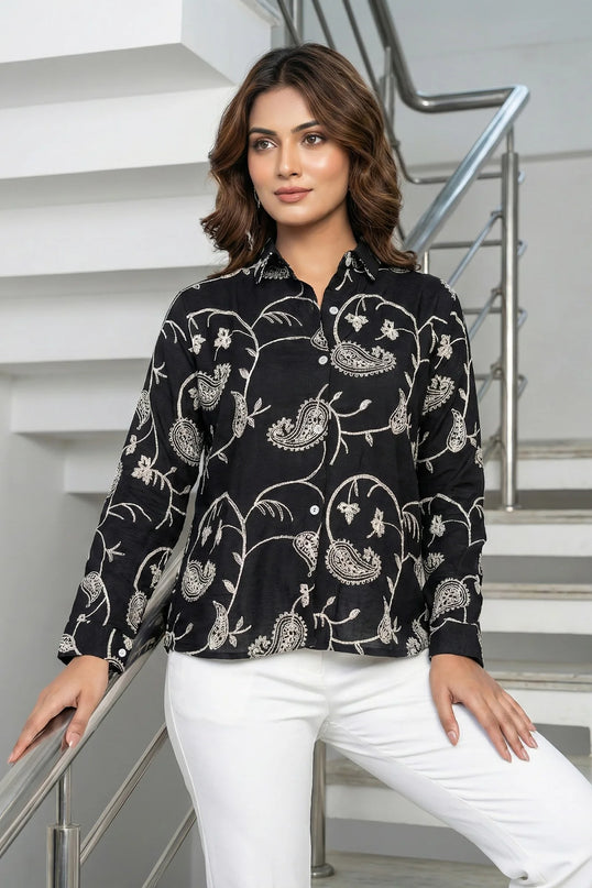 Noir Paisley Embroidered Button-Down